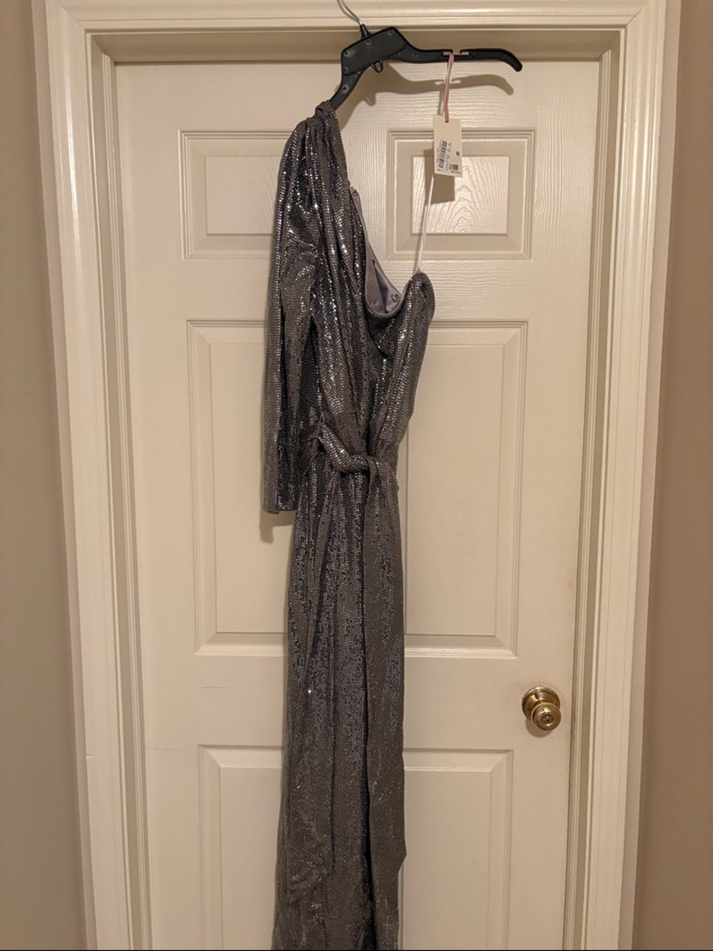 One-Shoulder Silver Sequin Evening Dress